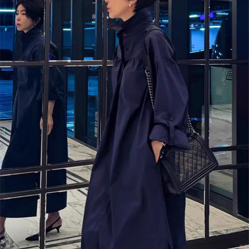 Damen Langes Boxy-Hemdblusenkleid mit hohem Stehkragen und verdeckter Knopfleiste Drune