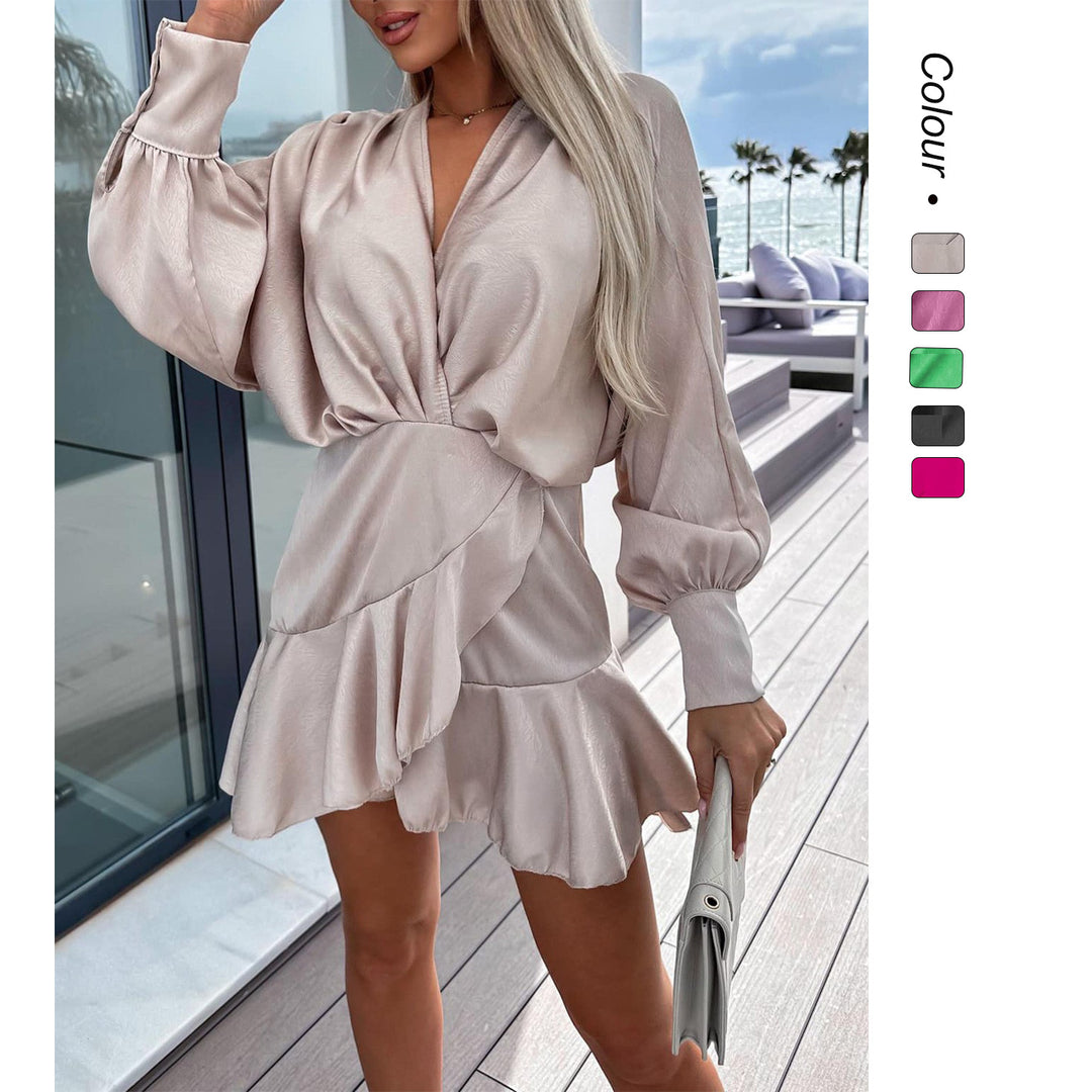 Damen Wickelkleid mit voluminösen Ärmeln und schwingendem Saum Drune