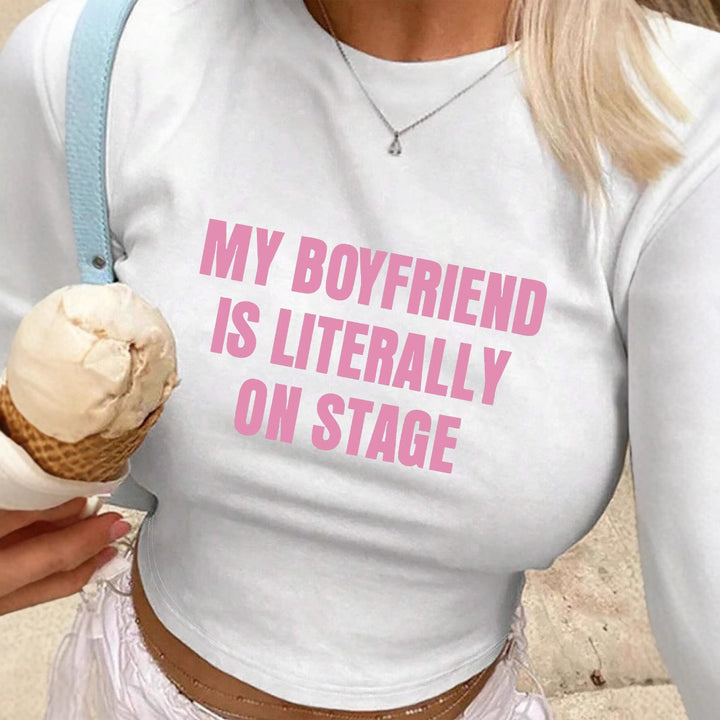 Damen Crop-T-Shirt mit kreativem Augenmotiv und Tourdruck Drune