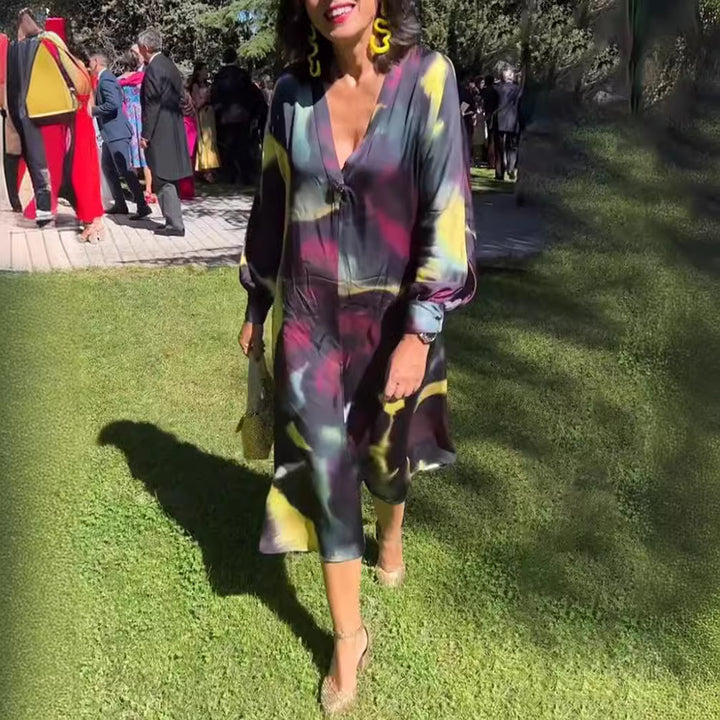 Damen nan fließendes Midikleid mit abstraktem Print, V-Ausschnitt, Ballonärmeln und Schmuckverschluss Drune