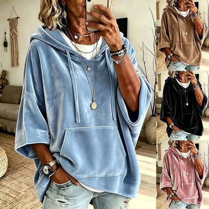 Damen Oversize Samt-Hoodie mit halbarm, Kapuze und Kängurutasche Drune