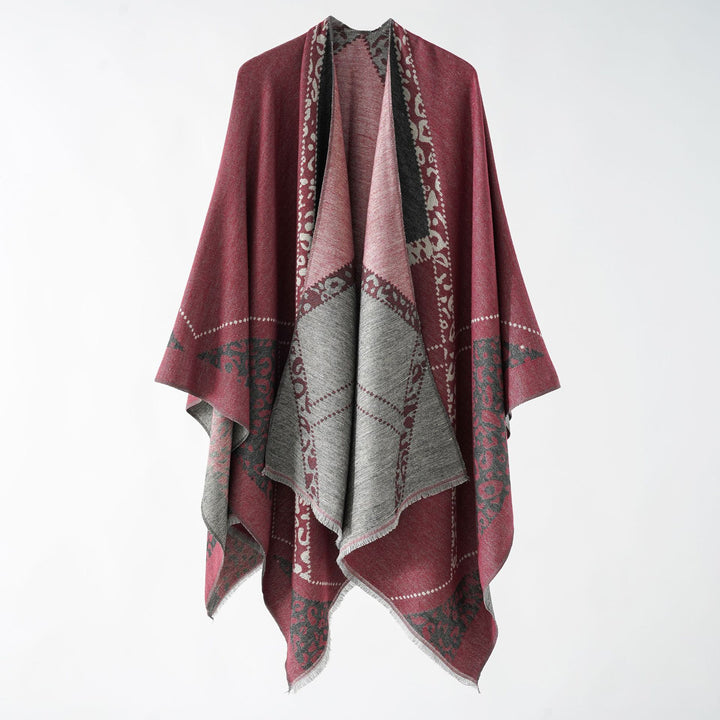 Damen Großer Double-Face Jacquard-Umhang mit Animal-Patch und feinem Fransensaum Drune