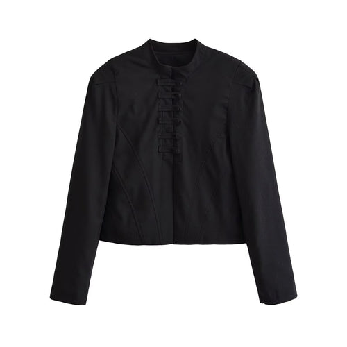Damen Kurze Taillierte Blousonjacke mit Stehkragen, dekorativen Schlaufen und Teilungsnähten Drune