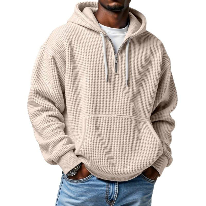 Herren Waffelstrick Halfzip-Kapuzenpullover mit Kängurutasche Drune