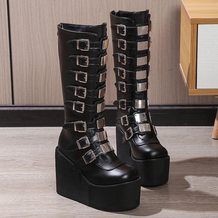Damen Plateau Stiefel mit verstellbaren Riemen und robustem Profil Drune