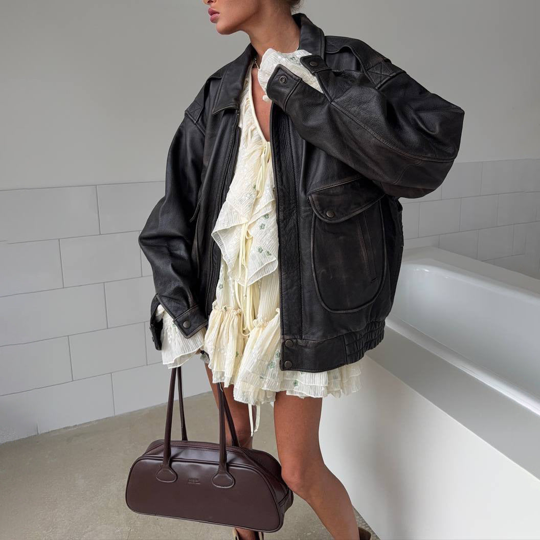 Damen Oversized Lederjacke mit dekorativen Taschen Drune