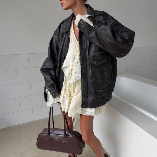 Damen Oversized Lederjacke mit dekorativen Taschen Drune
