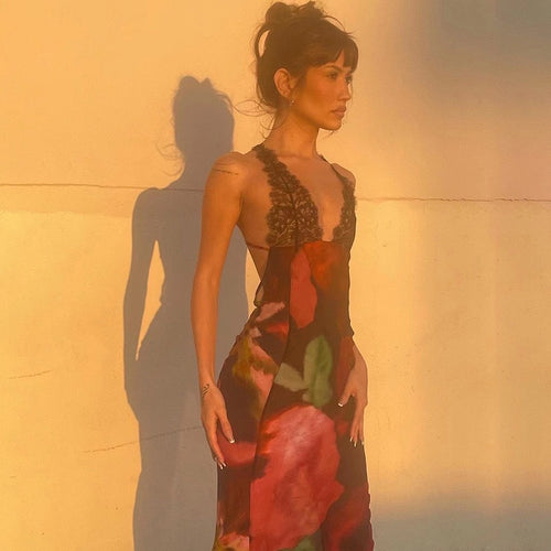 Damen Maxikleid mit raffiniertem Spitzenbesatz und floralen Mustern Drune