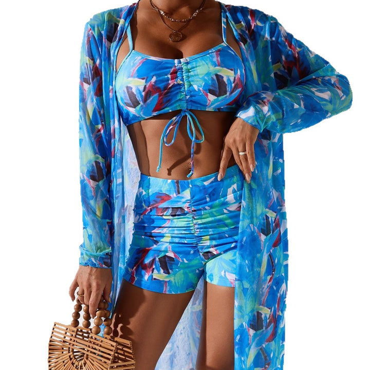Damen Strandmode Set mit transparentem Kimono und sportlichem Bikini Drune