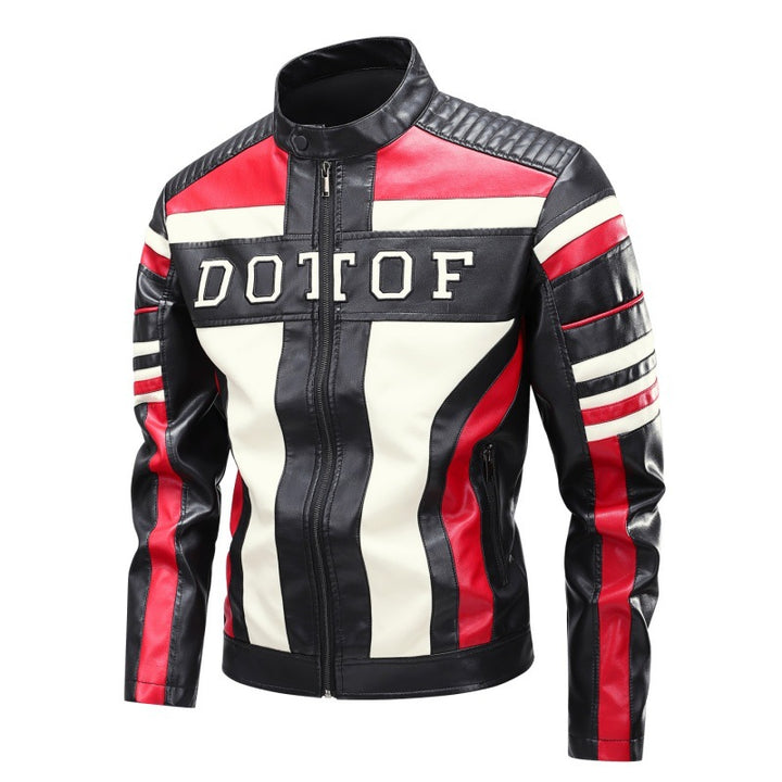 Herren Racing-Lederimitat-Bikerjacke mit Stehkragen, gesteppter Schulterpartie & Kontrast-Colourblocking Drune