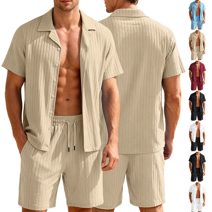 Herren nan geripptes Feinstrick-Lounge-Set mit kurzärmligem Revershemd und Kordelshorts Drune