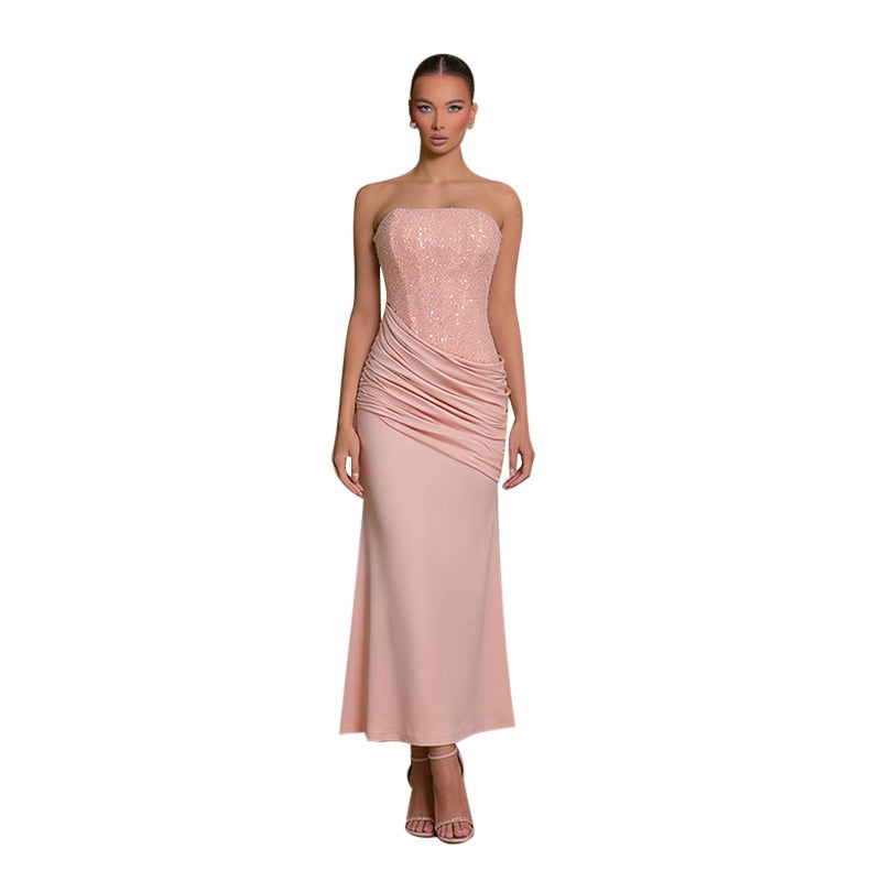 Damen Elegantes langes Abendkleid mit figurschmeichelndem Rüschendesign und schimmernden Pailletten Drune