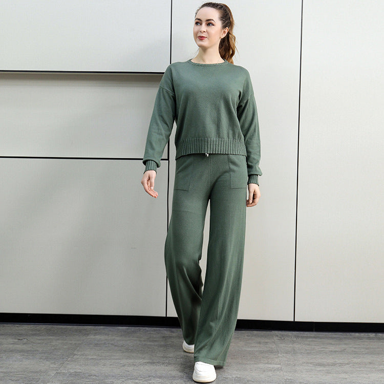 Damen gemütliches Strick-Loungewear-Set mit weitem Schnitt und praktischen Taschen Drune