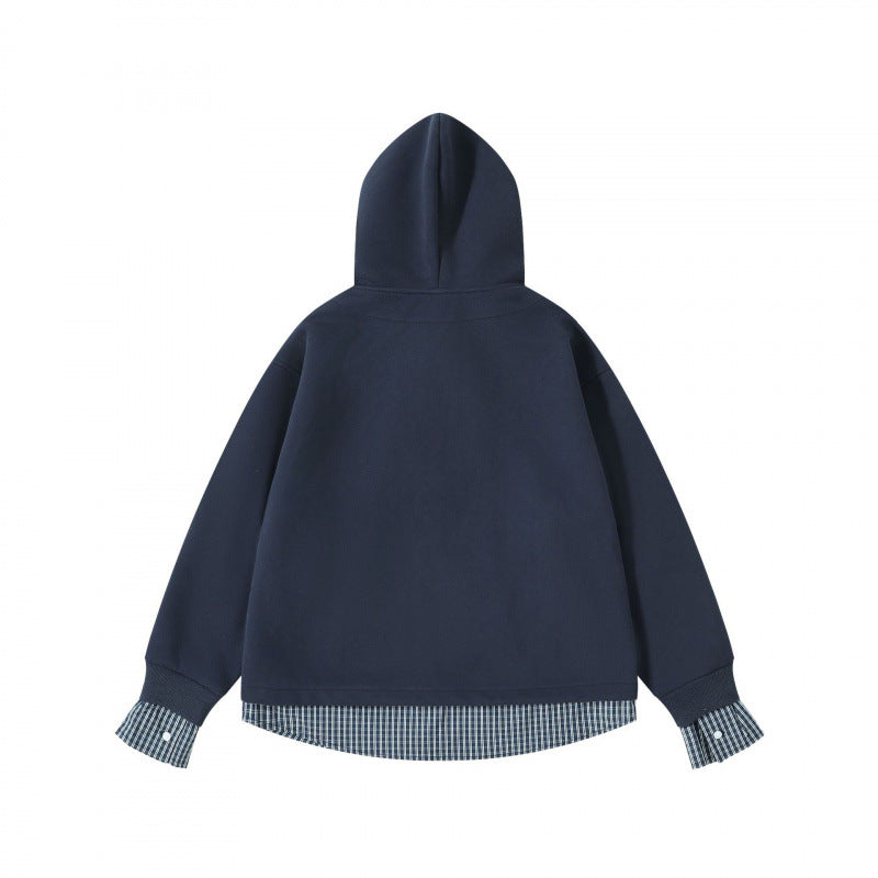 Damen Layering-Hoodie mit eingesetztem Hemdkragen, karierter Saum- und Manschettenoptik Drune