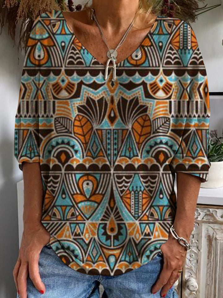Damen Geometrische Boho-Tunika mit V-Ausschnitt und dreiviertelärmeln Drune