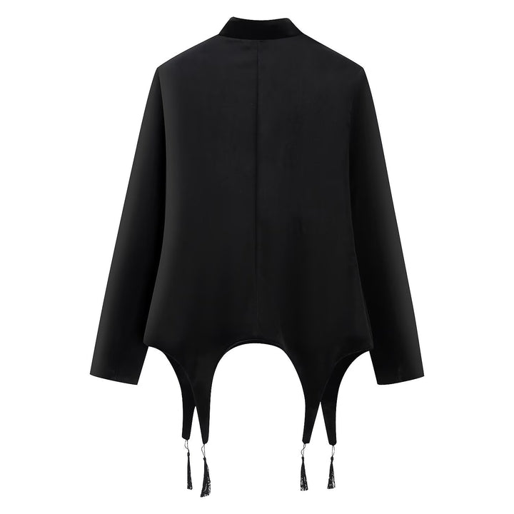Damen Asymmetrische Kurzjacke mit Stehkragen, Kordelverschlüssen und Quasten-Saum Drune