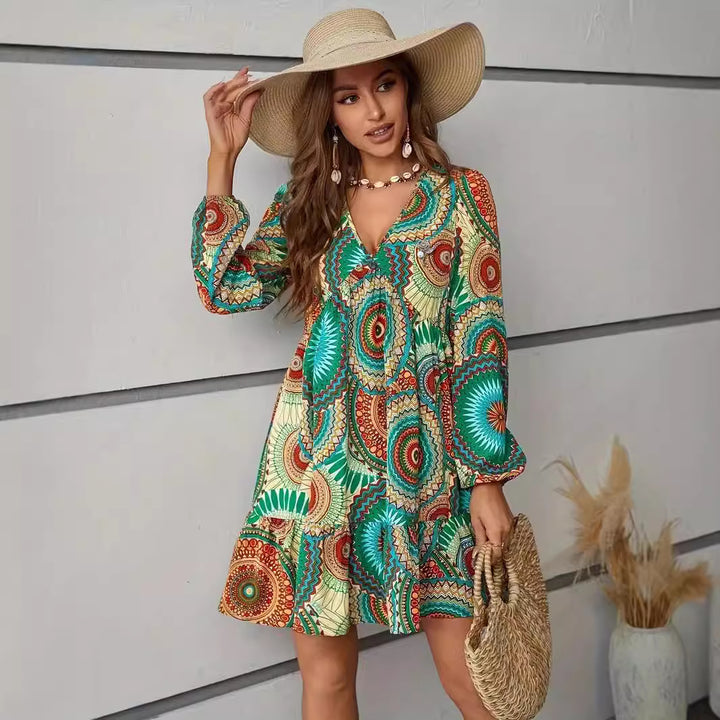 Damen Verspieltes Minikleid mit buntem Muster und knöpfen Drune