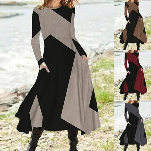 Damen nan geometrisches Maxikleid mit langen Ärmeln, A-Linien-Schnitt und seitlichen Eingrifftaschen Drune