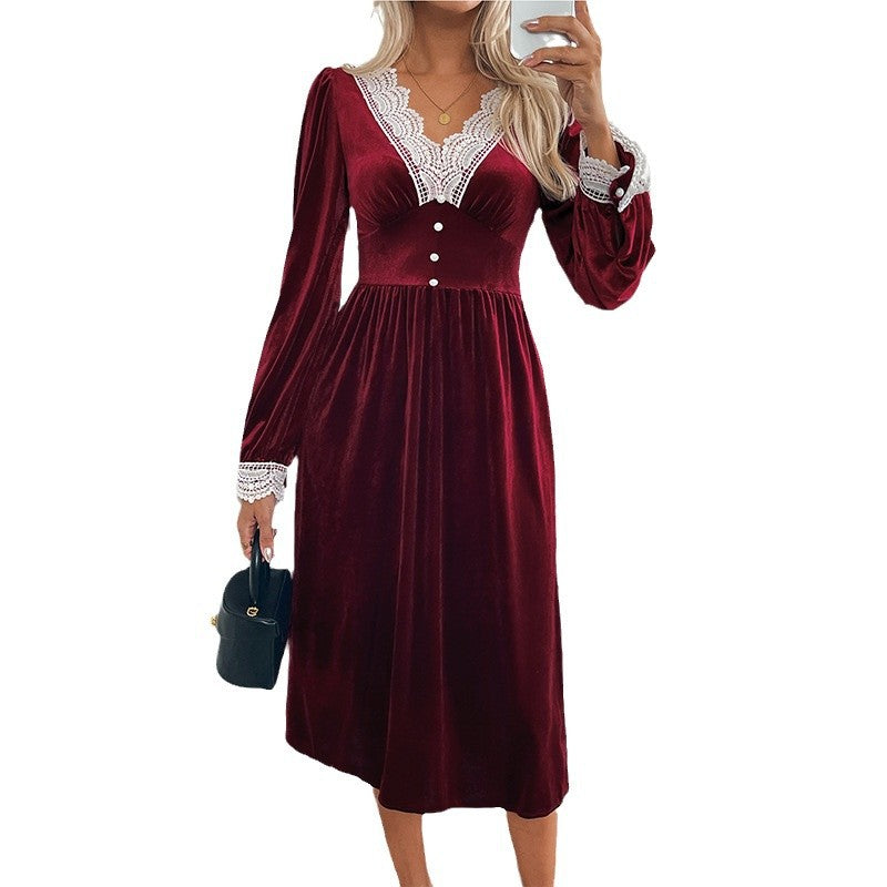 Damen Elegantes Samtkleid mit Spitzenakzenten und Knopfdetails Drune