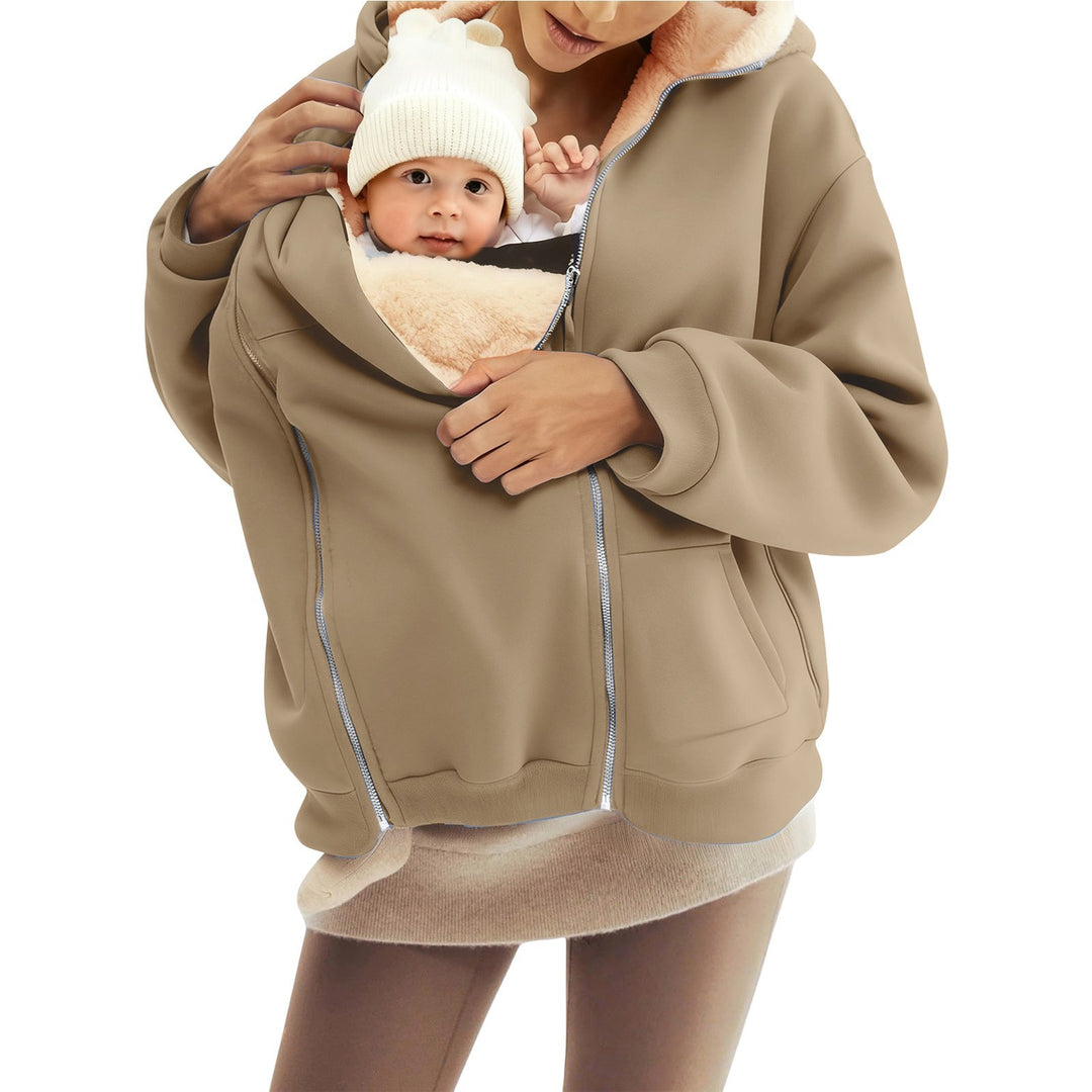 Damen nan Babytrage-Hoodie mit Teddyfutter und Zweiwege-Reißverschluss Drune