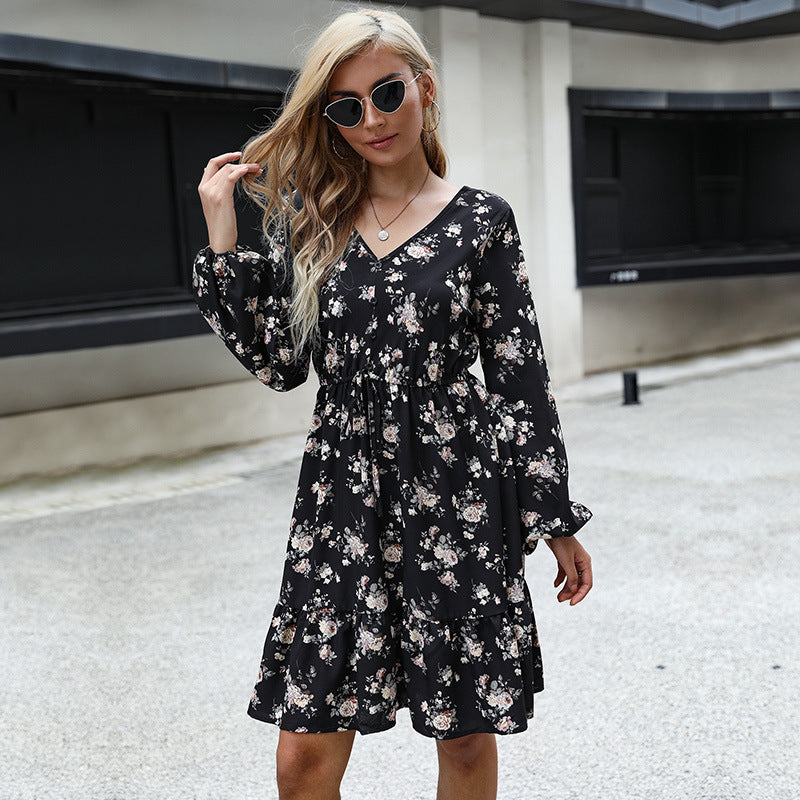 Damen Lässiges Stufen-Midikleid mit V-Ausschnitt, Tunnelzug-Taille und langen Volantärmeln Drune