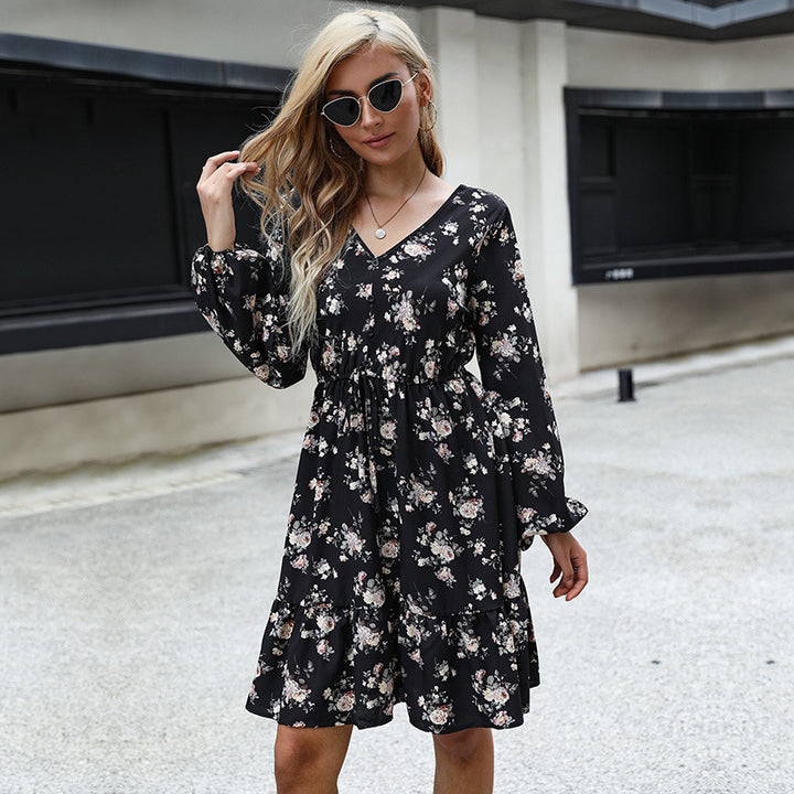 Damen Lässiges Stufen-Midikleid mit V-Ausschnitt, Tunnelzug-Taille und langen Volantärmeln Drune