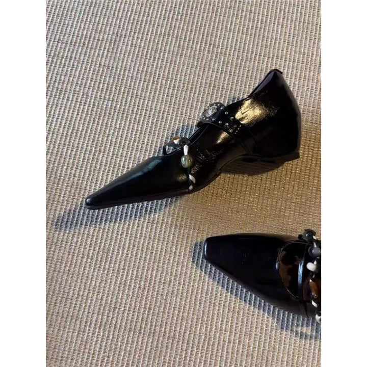 Damen elegante quadratische Mules mit niedrigem Blockabsatz, Zierriemen und Perlenapplikation Drune