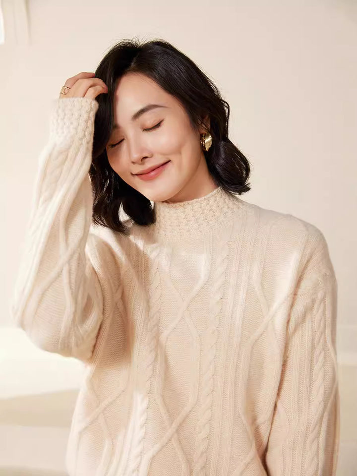Damen Zopfstrick-Mockneckpullover mit kurzer Boxy-Silhouette Drune