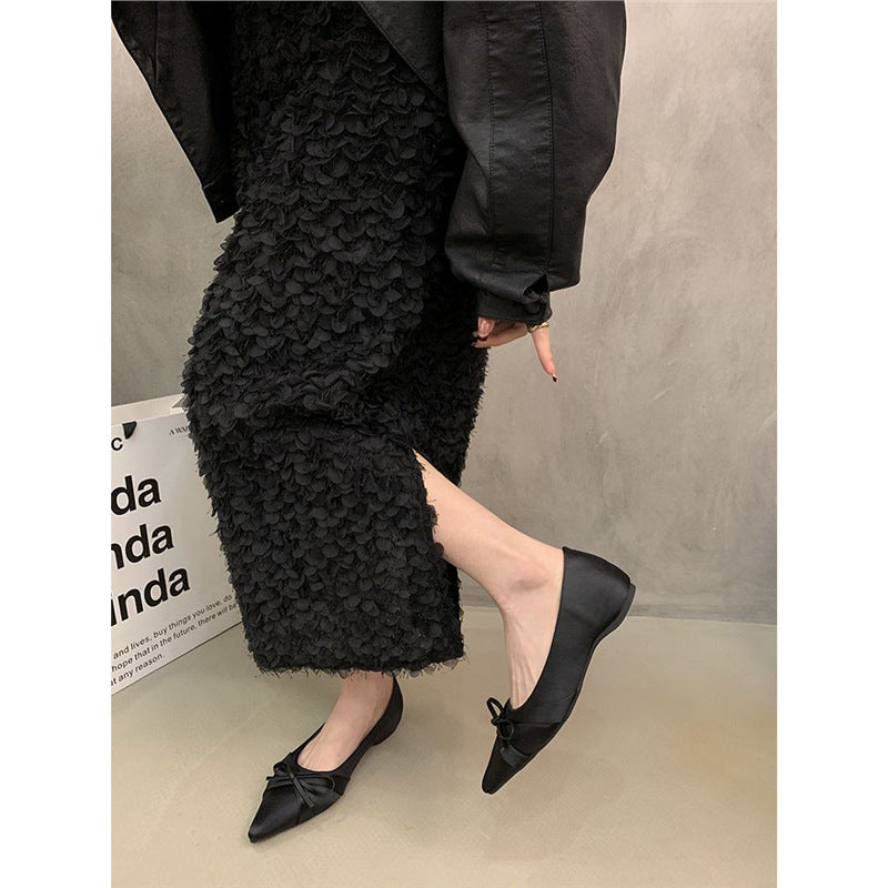 Damen Elegante spitz zulaufende Satin‑Ballerinas im Slipper‑Stil mit zierlicher Schleife Drune