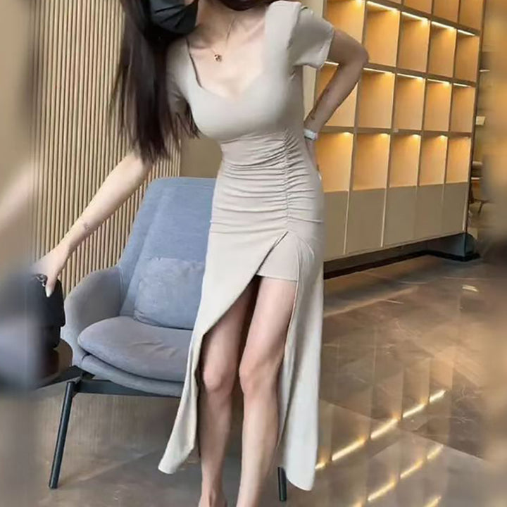 Damen figurbetontes langes Kleid mit schickem Raffungseffekt und hohem Schlitz Drune