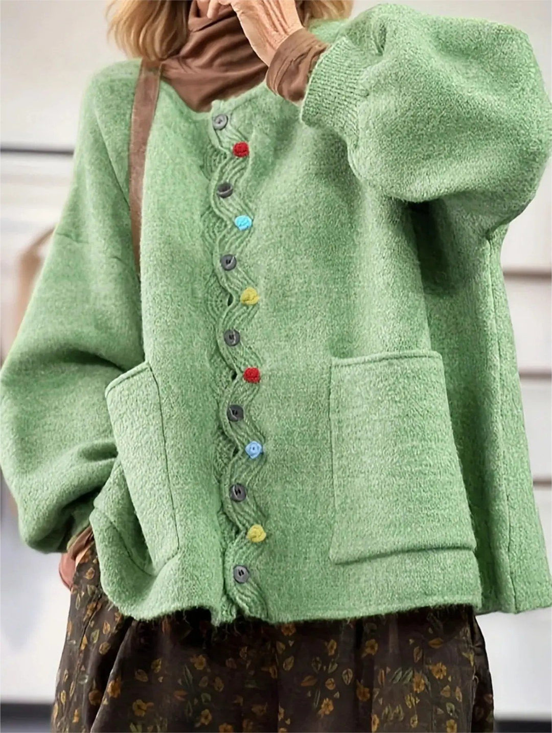 Damen Oversized Strickcardigan mit Zierknopfleiste und aufgesetzten Taschen Drune