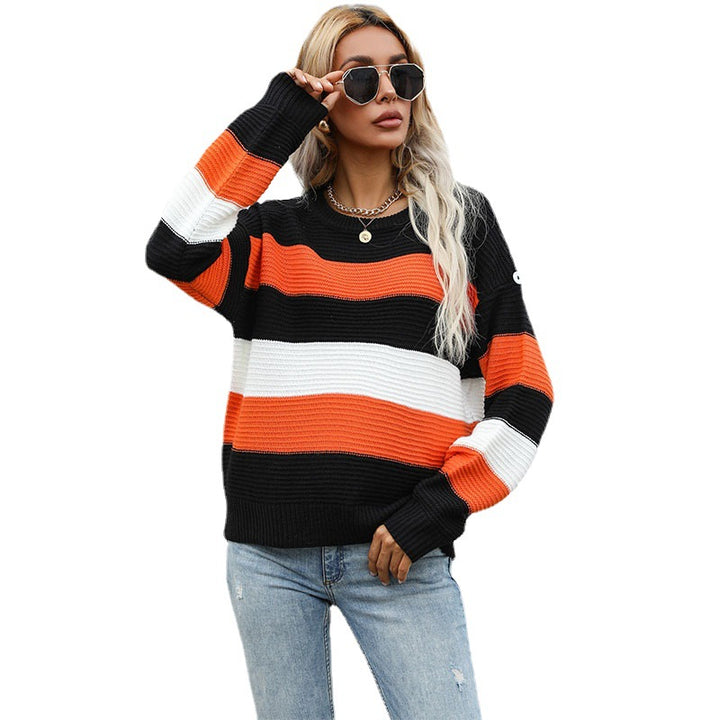 Damen Breitgestreifter Strickpullover im Fisherman‑Look mit gerippter Textur und überschnittener Schulter Drune
