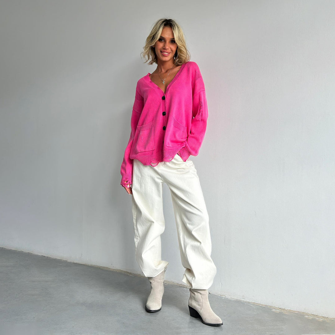 Damen Oversized Strickjacke mit Knopfdetails Drune