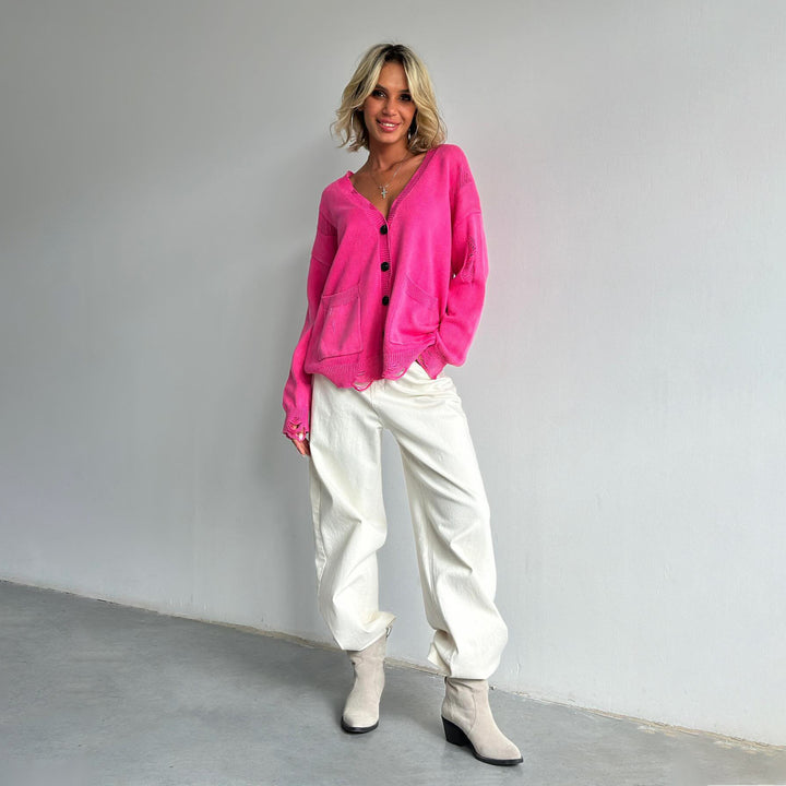 Damen Oversized Strickjacke mit Knopfdetails Drune