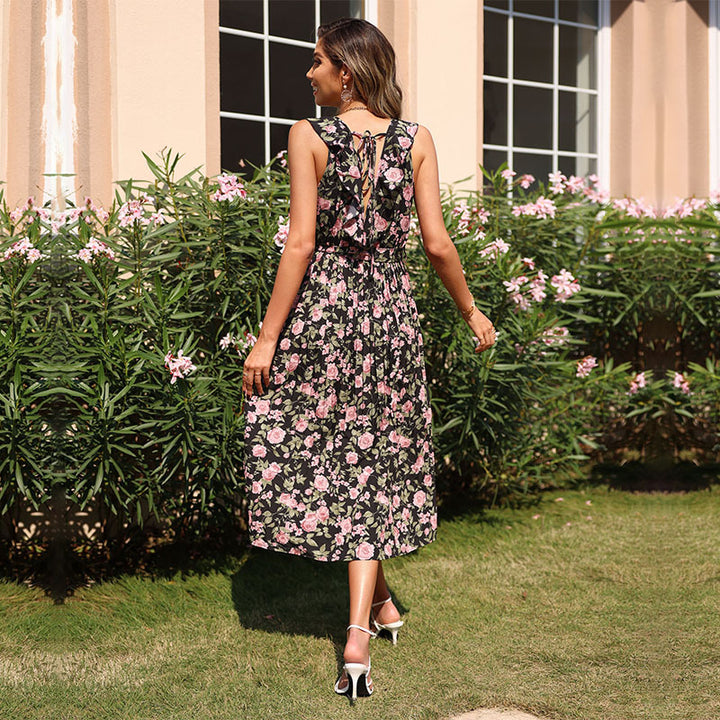 Damen Maxikleid mit floralen Akzenten und schwingendem Rock Drune