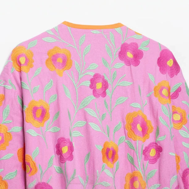 Damen Bestickte Kimonojacke mit Blumenstickerei, Bindegürtel und kontrastierendem Besatz Drune