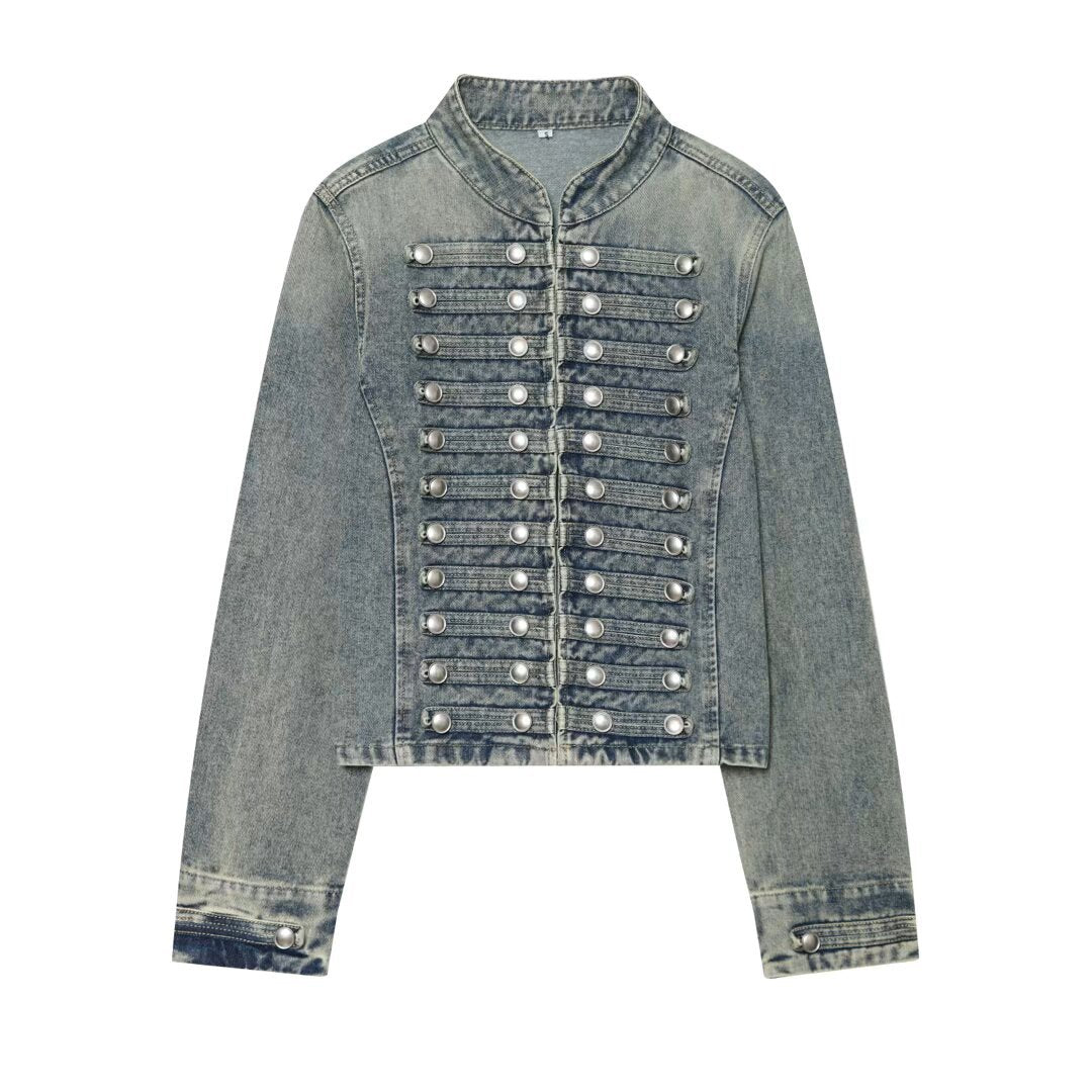 Damen Cropped Denim‑Blouson im Frackstil mit dekorativen Reihenknöpfen Drune