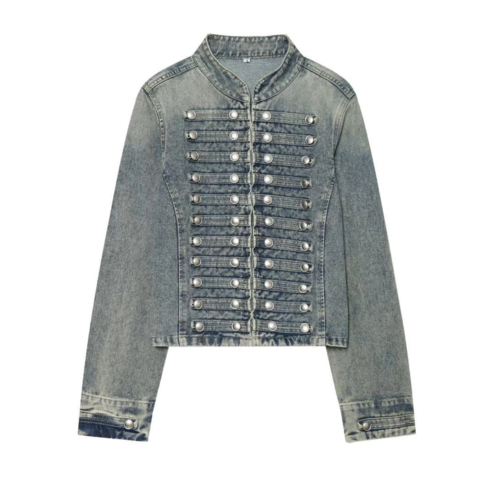 Damen Cropped Denim‑Blouson im Frackstil mit dekorativen Reihenknöpfen Drune