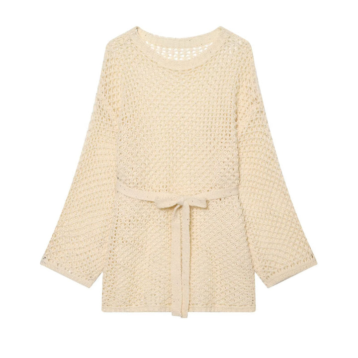 Damen Lockerer Häkelcardigan mit Taillengürtel und 3/4-Ärmeln Drune