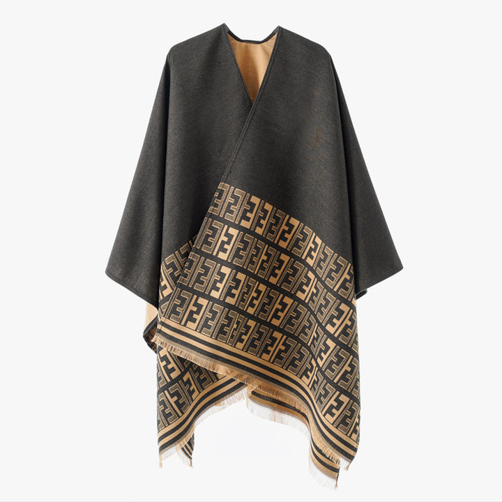 Damen Eleganter Cape-Überwurf im Kimono-Schnitt mit eingewebtem Monogramm und Fransensaum Drune