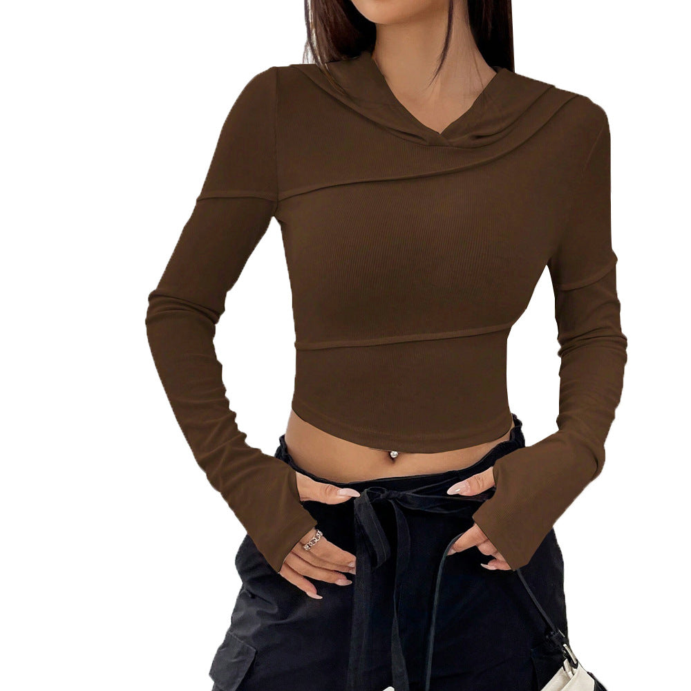 Damen geripptes Cropped-Longsleeve mit Kapuzenkragen, asymmetrischen Nähten und Trompetenärmeln Drune