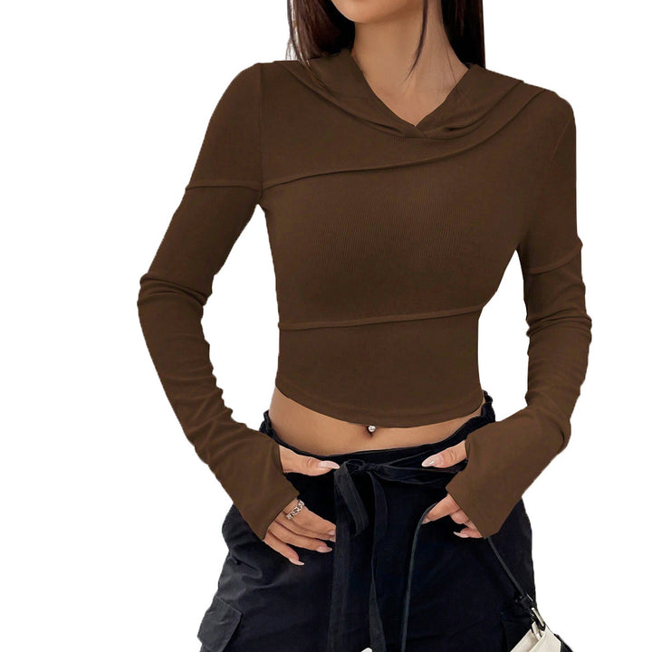 Damen geripptes Cropped-Longsleeve mit Kapuzenkragen, asymmetrischen Nähten und Trompetenärmeln Drune