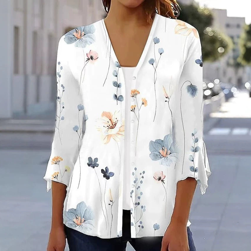 Damen nan leichte Chiffonbluse mit Aquarellblumenprint, V‑Ausschnitt, Knopfleiste und dreiviertelärmeln Drune