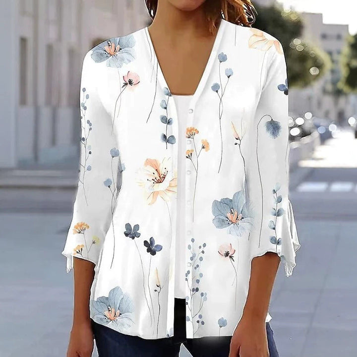 Damen nan leichte Chiffonbluse mit Aquarellblumenprint, V‑Ausschnitt, Knopfleiste und dreiviertelärmeln Drune