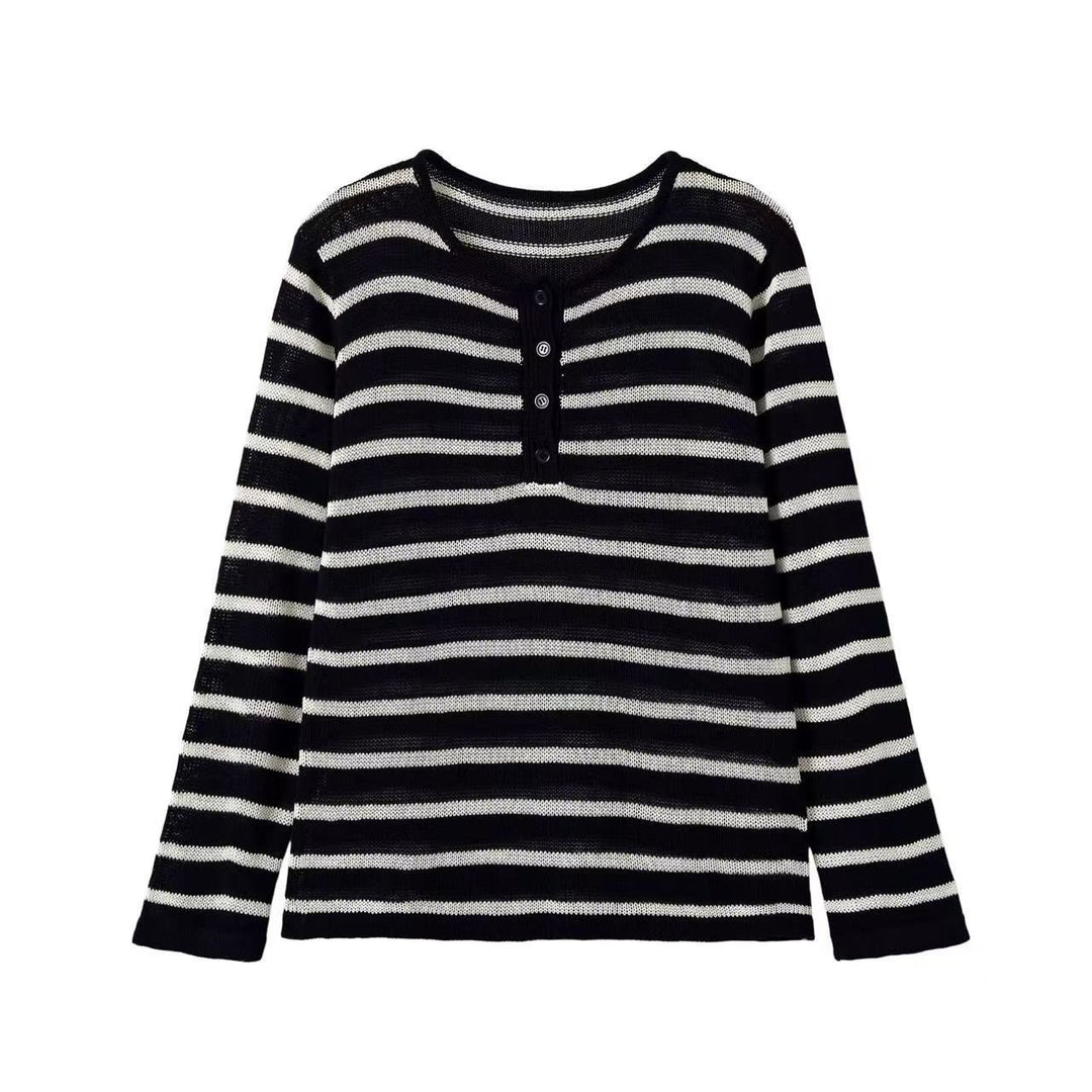 Damen Gestreifter Feinstrick-Pullover mit Knopfleiste und Rundhalsausschnitt Drune