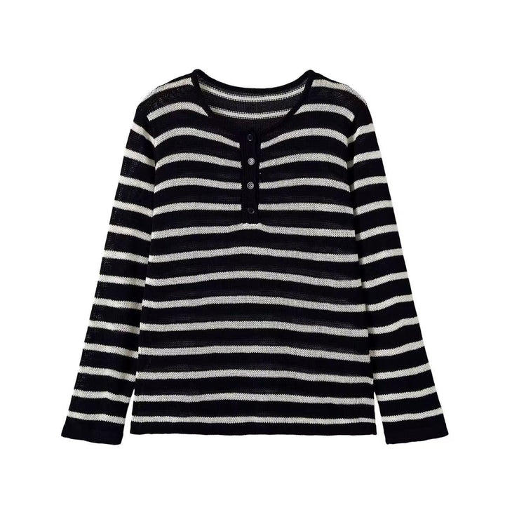 Damen Gestreifter Feinstrick-Pullover mit Knopfleiste und Rundhalsausschnitt Drune
