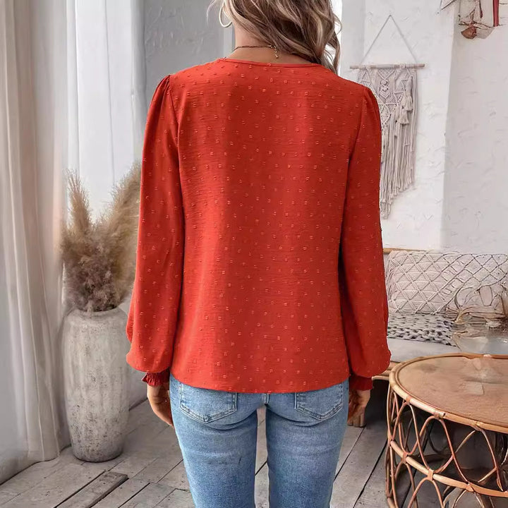 Damen Bluse mit Spitzen‑Plastron, V‑Ausschnitt und ballonartigen Ärmeln Drune