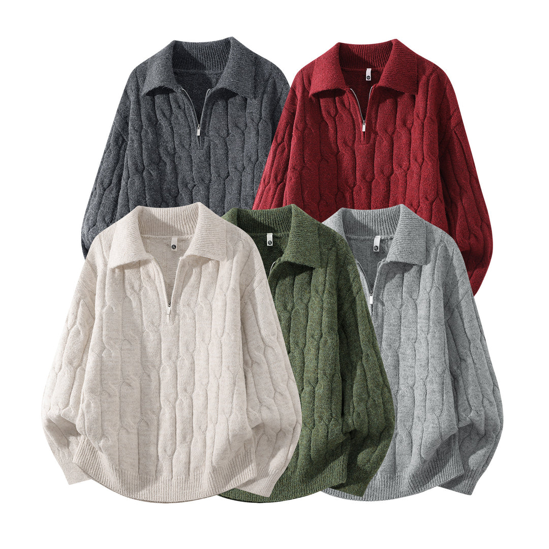 Unisex Oversize Zopfstrickpullover mit Halbreißverschluss und Hemdkragen Drune