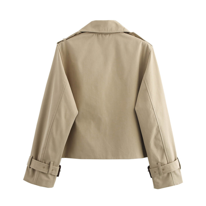 Damen nan cropped Trenchjacke mit Doppelreiher, Epauletten und verstellbaren Schnallenmanschetten Drune