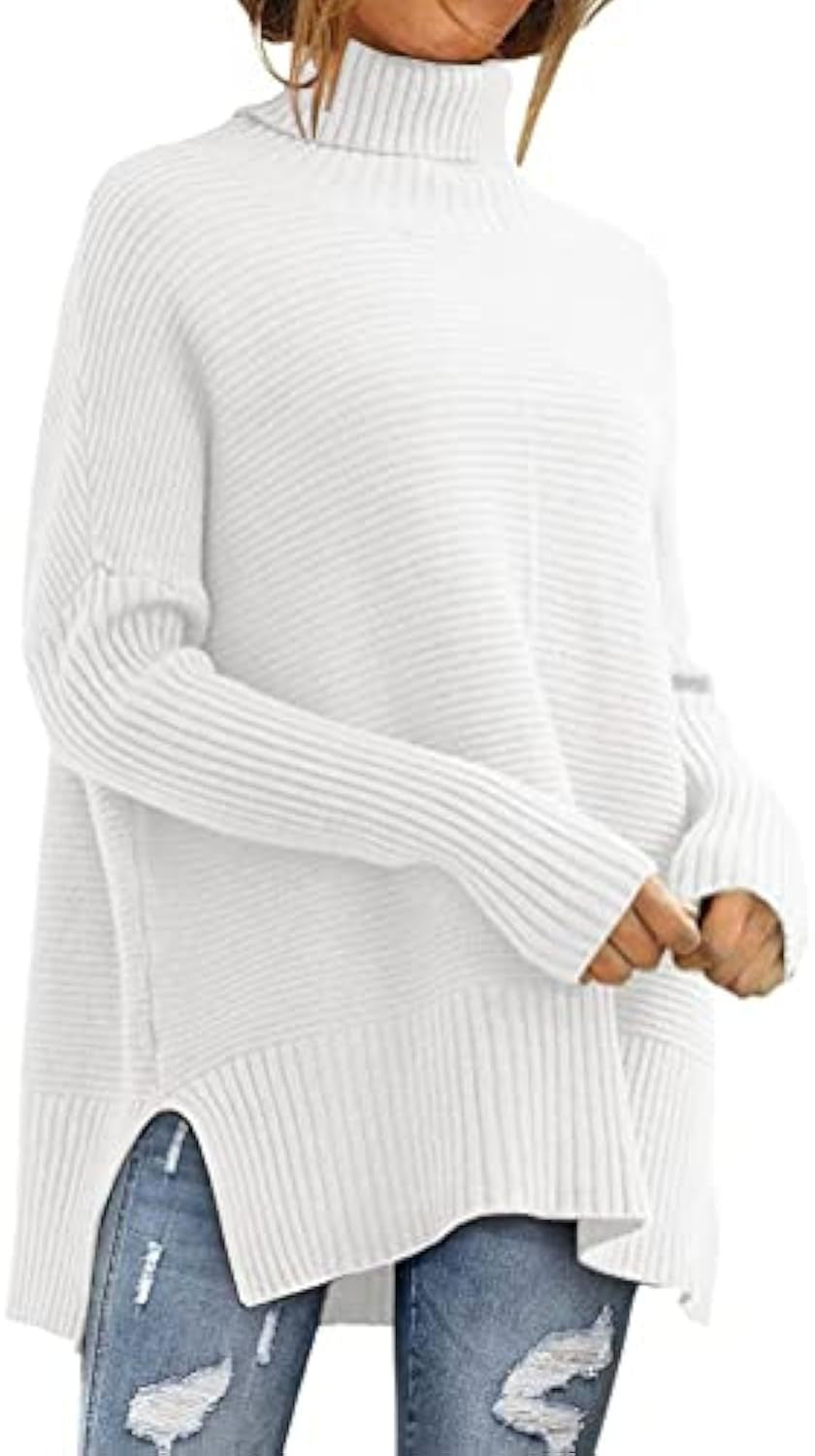 Damen Oversize-Rippenstrick Rollkragenpullover mit Seitenschlitzen und verlängertem Saum Drune